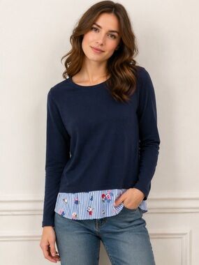 J. JILL Navy Layered-Look Long Sleeve Top Sweatshirt with Floral Trim Medium